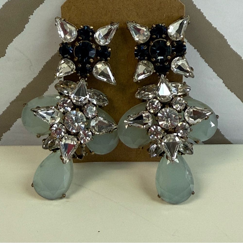 J Crew Stunning Large Blue Gray Clear Crystal Rhinestone Dangle Earrings